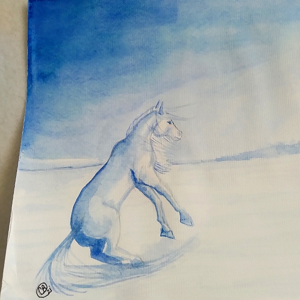 - B - Blue Horse Pony Equine Watercolor Painting Illustration